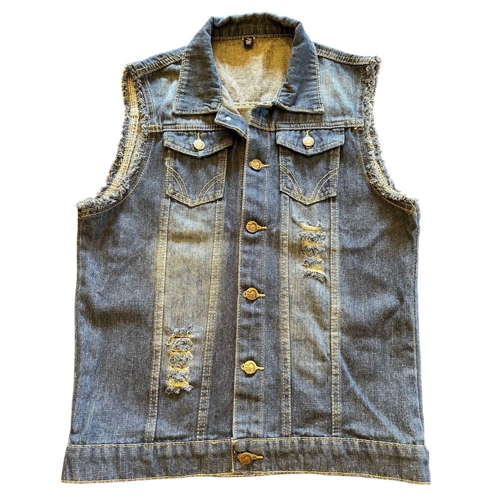 Fashion Classic Distressed Blue Denim Vest Frayed Sleeveless Ripped Biker Punk